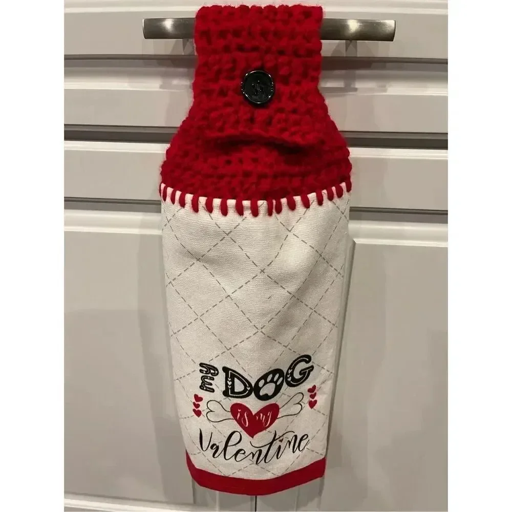 Crochet Top Kitchen Towel- My Dog is my Valentine 1 with white button-1 with bl